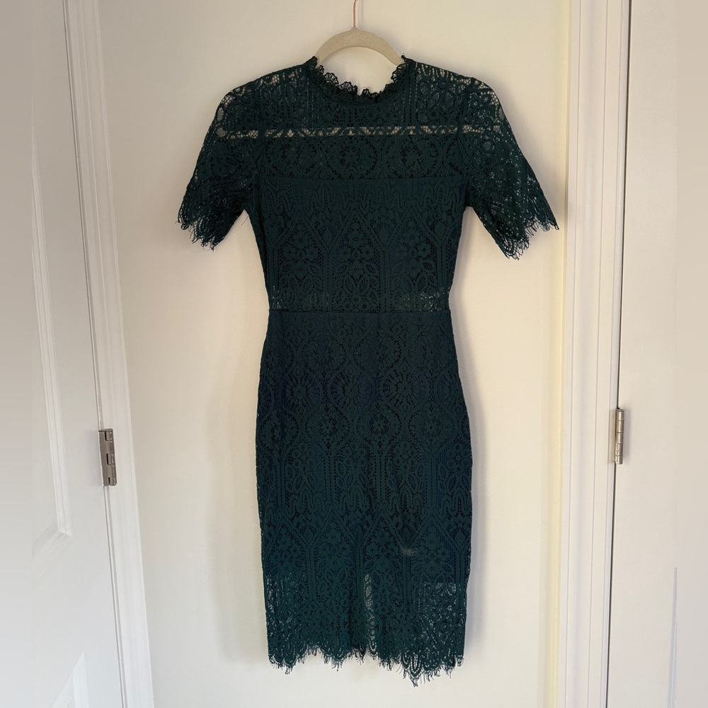 Remarkable Forest Green Sheer Lace Short Sleeve Mini Dress XS